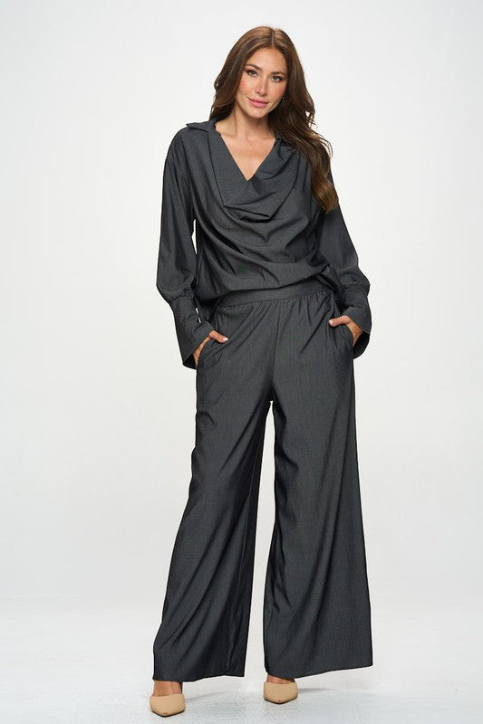Front view of Tencel Straight Leg Pants with Side Pockets