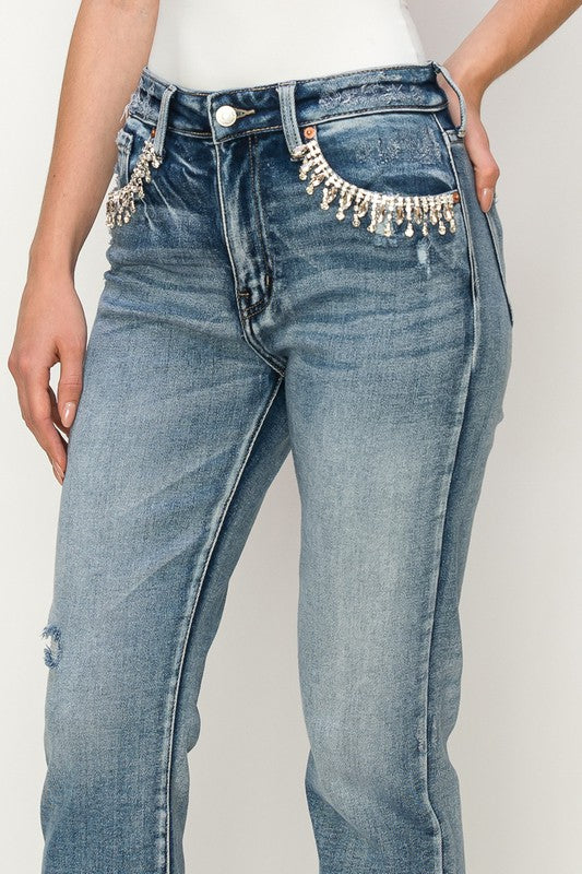 HIGH RISE CRYSTAL EMBELLISHED CROP STRAIGHT JEANS