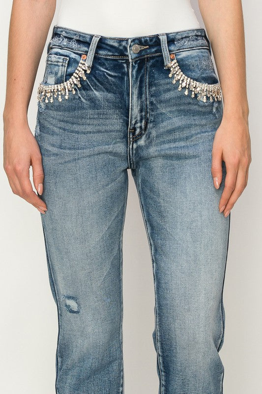 HIGH RISE CRYSTAL EMBELLISHED CROP STRAIGHT JEANS