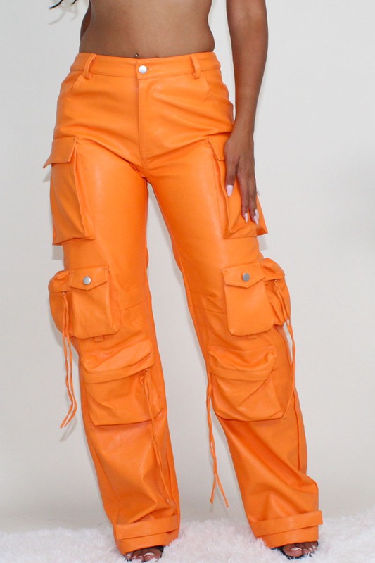 Popular orange ATHINA FAMOUS PU LEATHER CARGO PANTS
