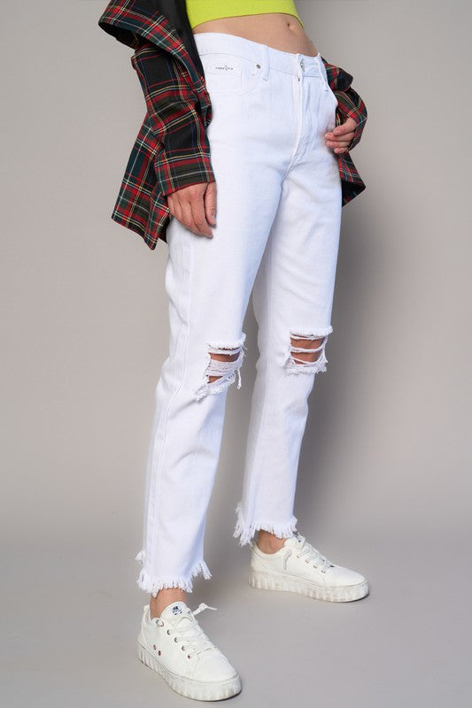 model showing full picture of HIGH RISE DESTROYED STRAIGHT CROP JEANS