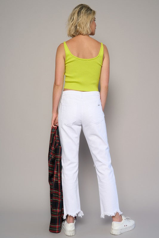 Model showing the back of HIGH RISE DESTROYED STRAIGHT CROP JEANS