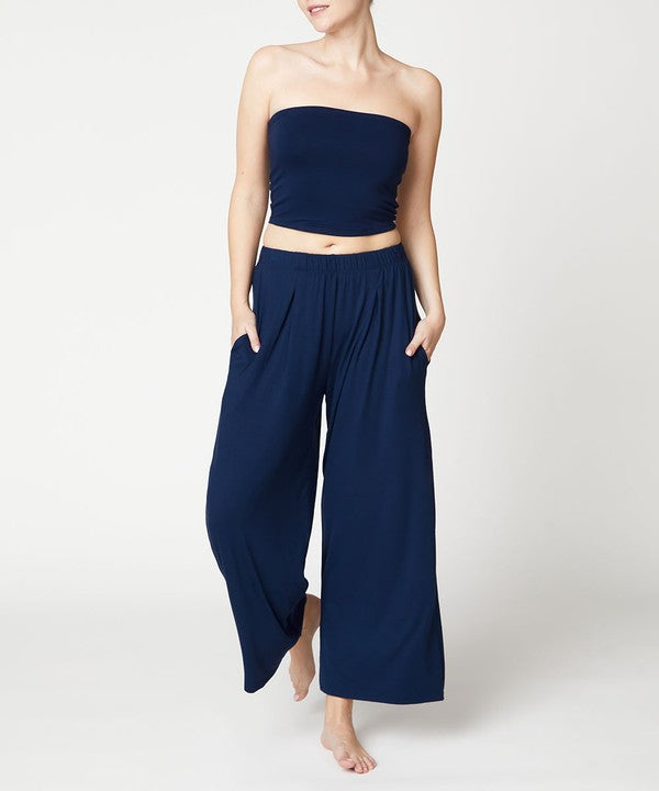 Blue BAMBOO WIDE PANTS ANKLE LENGTH