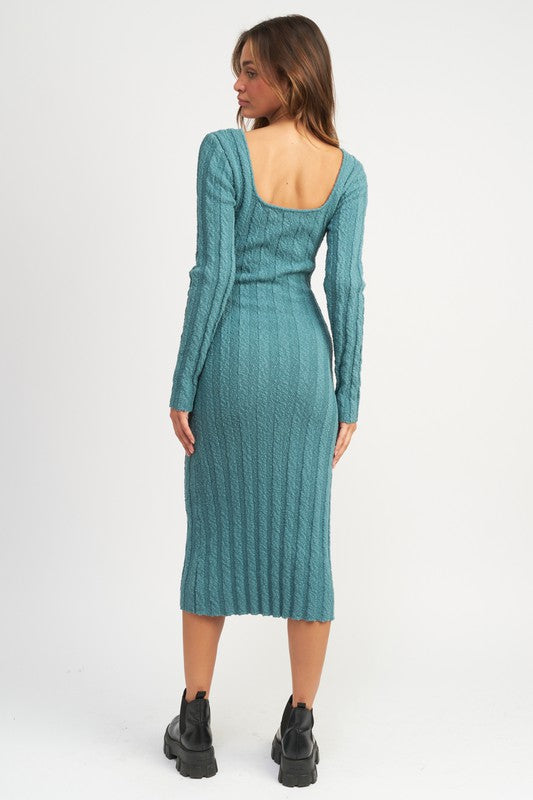 SQUARE NECK RIBBED MIDI DRESS