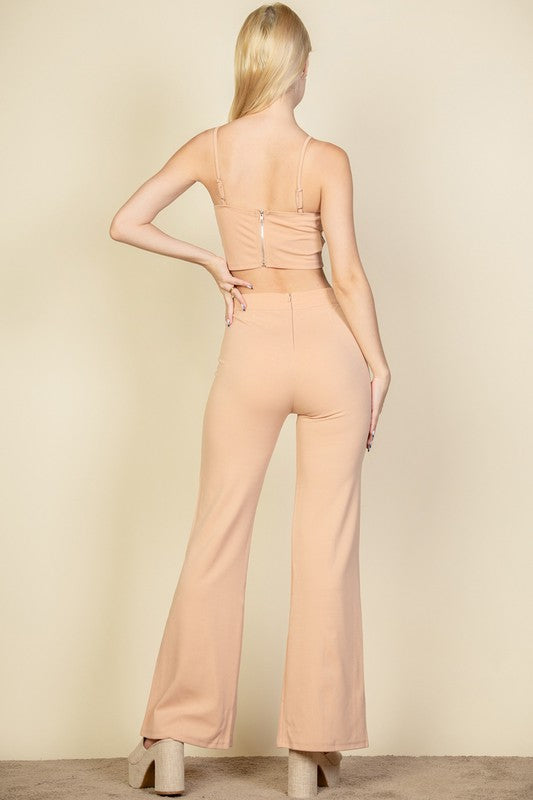 view from the back of Bustier Crop Top &amp; Front Slit Wide Leg Pants-khaki