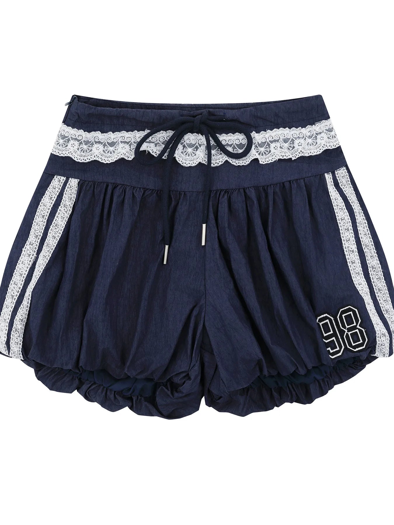 Navy blue shorts with lace waistband and white stripes on a white background