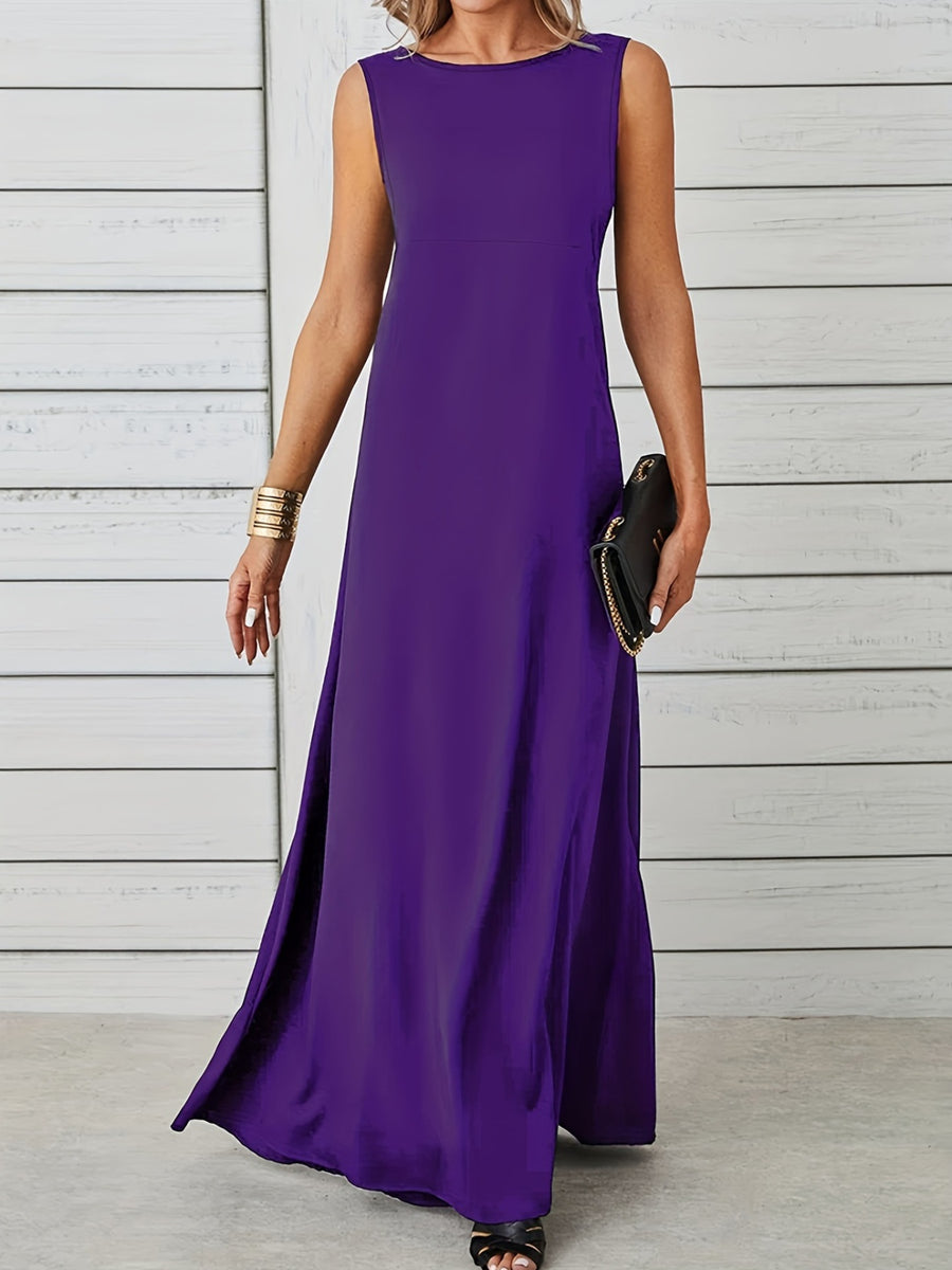 Woman wearing a long purple dress against a wooden background
