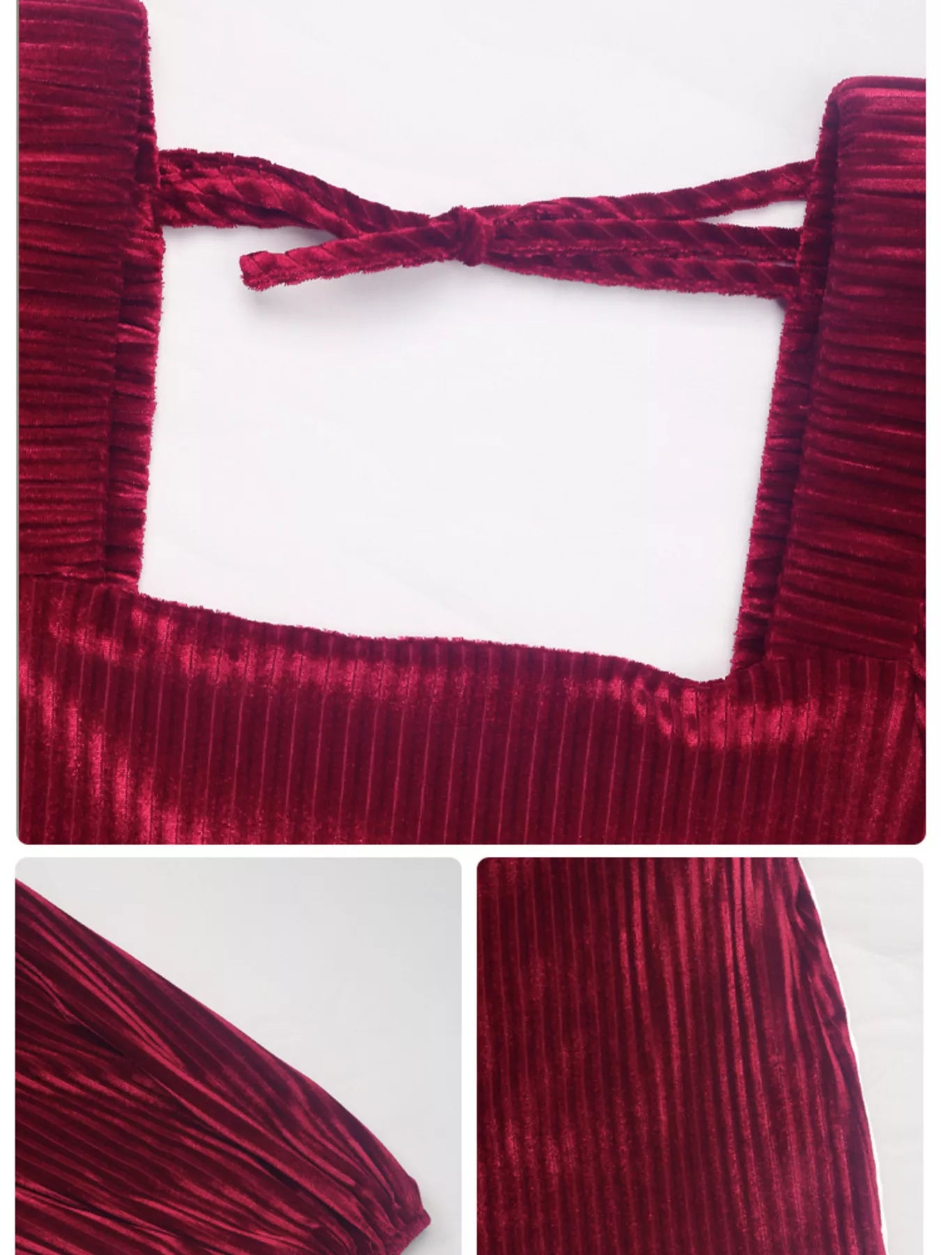 Close-up of a red velvet garment with a bow detail on a white background.