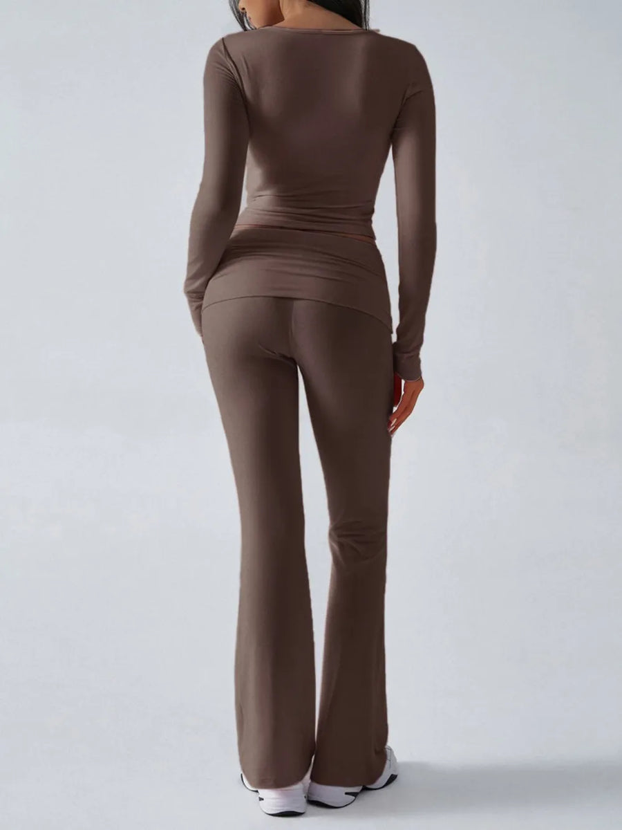 Brown long-sleeve top and pants set on a white background