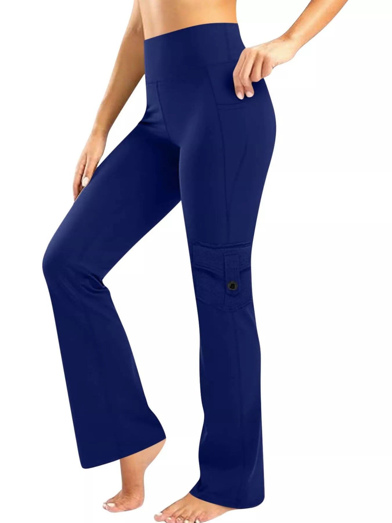 Navy blue pants worn by a person on a white background