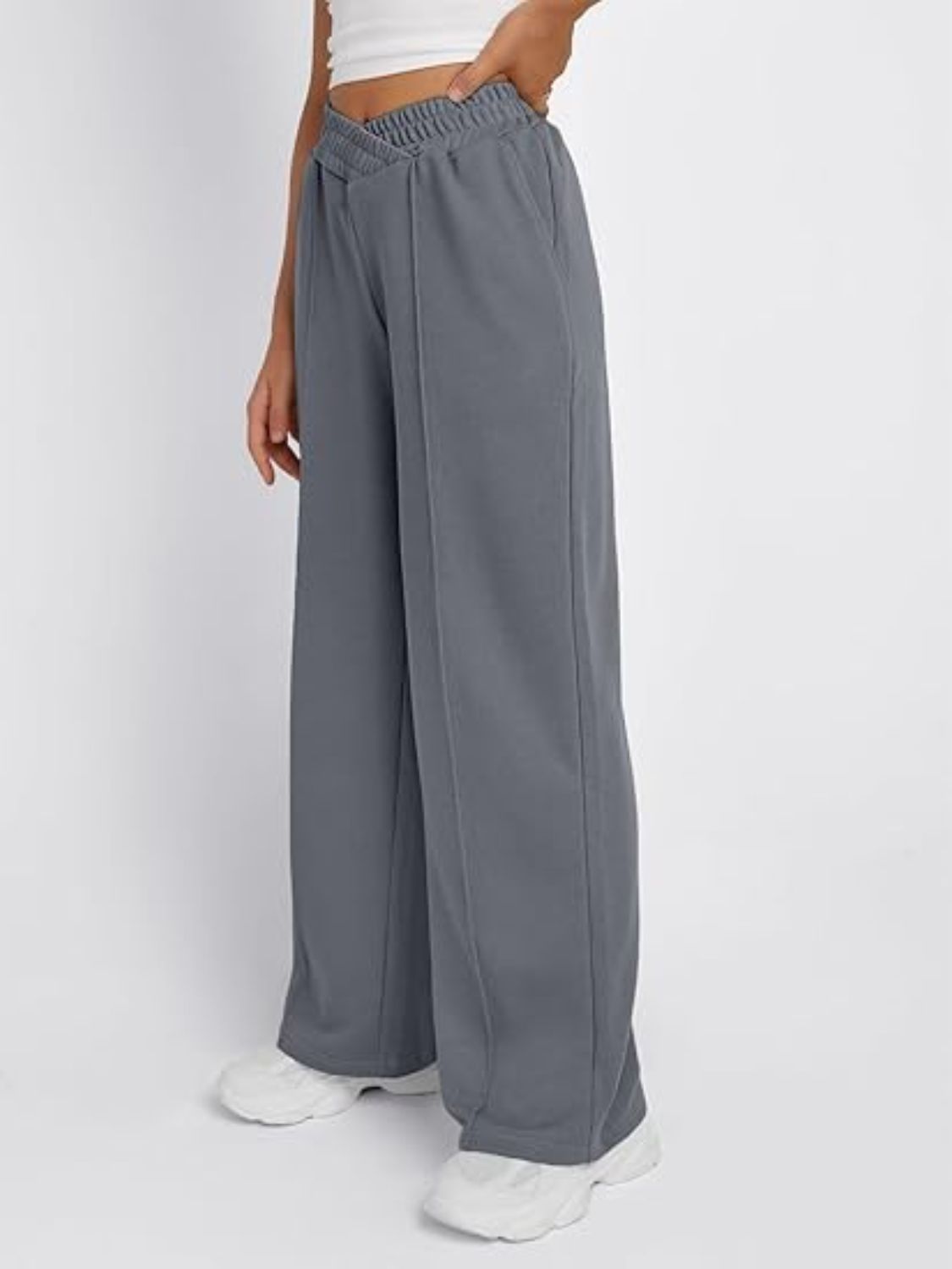Side view of gray Elastic Waist Wide Leg Jogger Pants