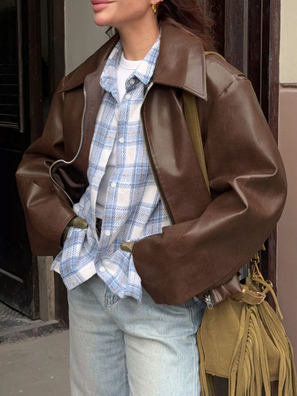 Side view of Faux Leather Zip Up Jacket
