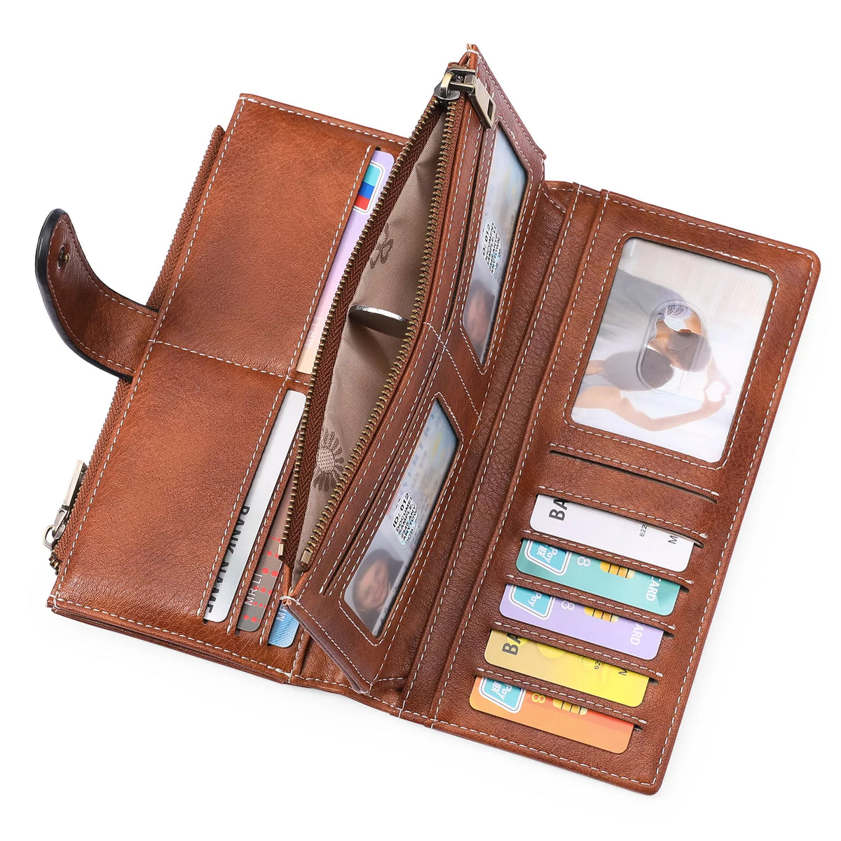 Brown leather wallet with multiple card slots and a pen holder on a white background