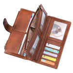 Brown leather wallet with multiple card slots and a pen holder on a white background