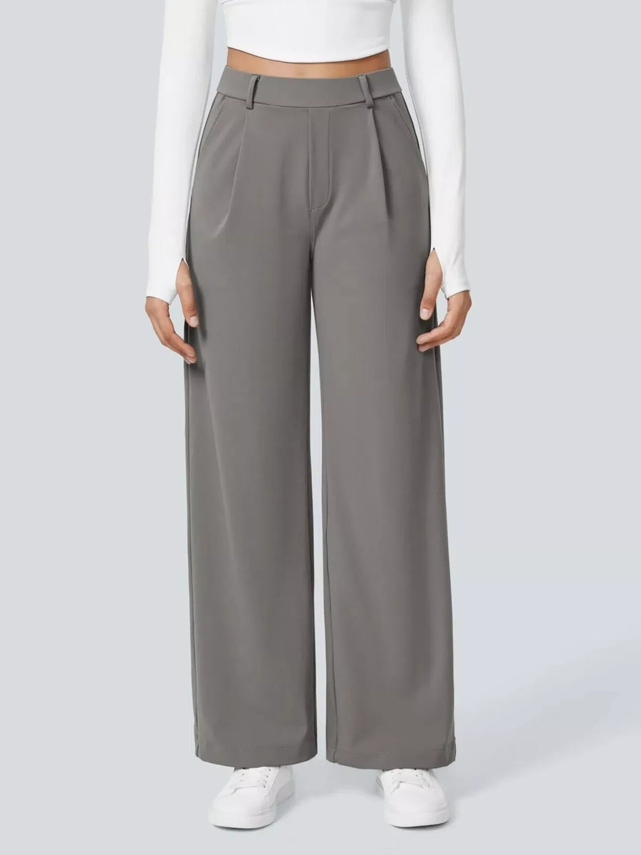 Gray wide-leg pants worn by a person on a white background