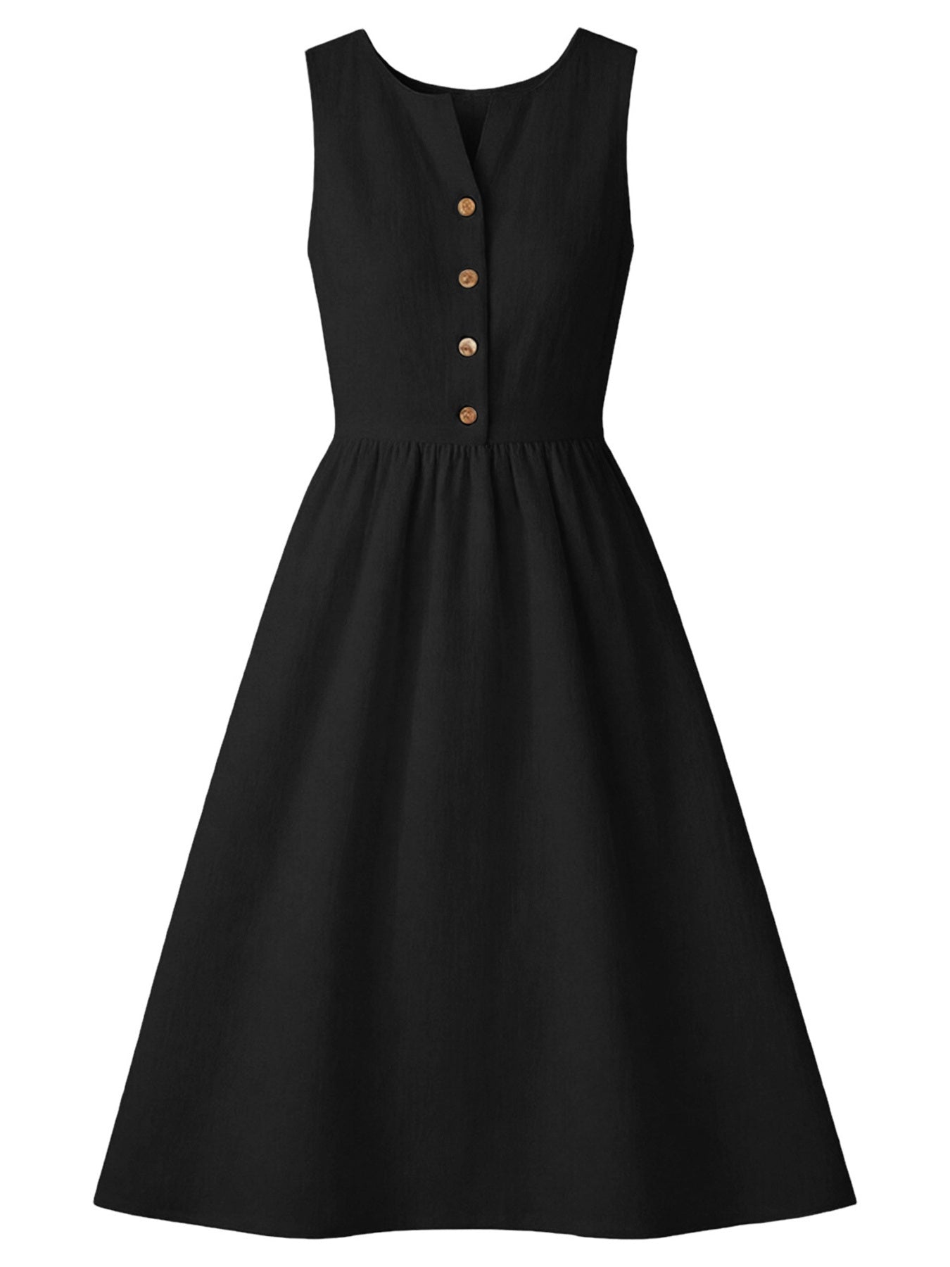 Black sleeveless dress with button details on a white background