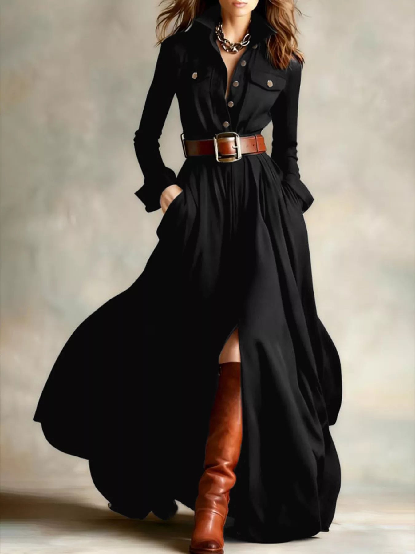 Woman wearing a long black dress with a belt and brown boots against a neutral background