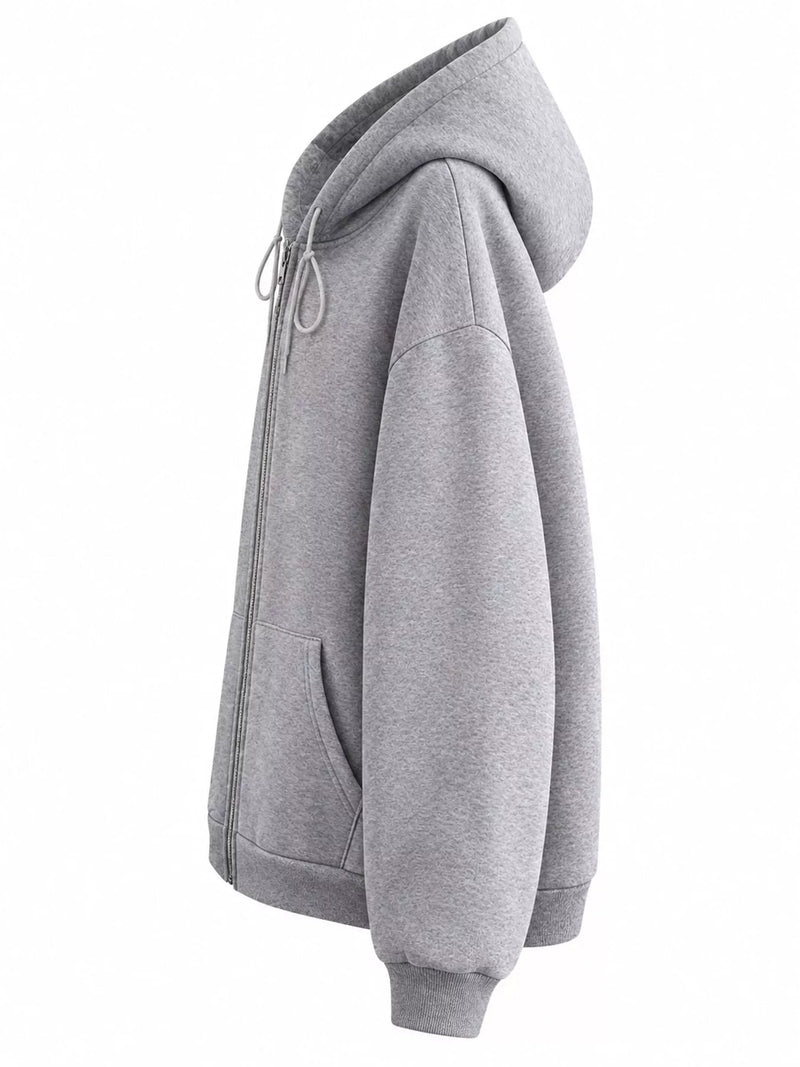 A light gray heather zip-up hoodie shown from a side profile view against a plain white background.