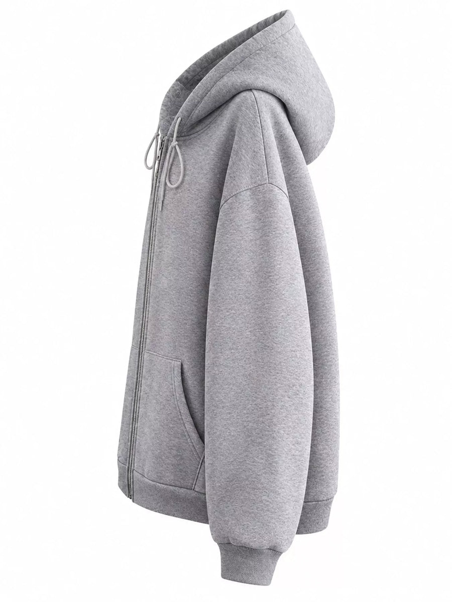 A light gray heather zip-up hoodie shown from a side profile view against a plain white background.