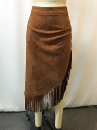 Brown suede skirt with fringe on a mannequin against a white background