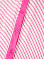 Close-up of a pink and white striped shirt with button details.
