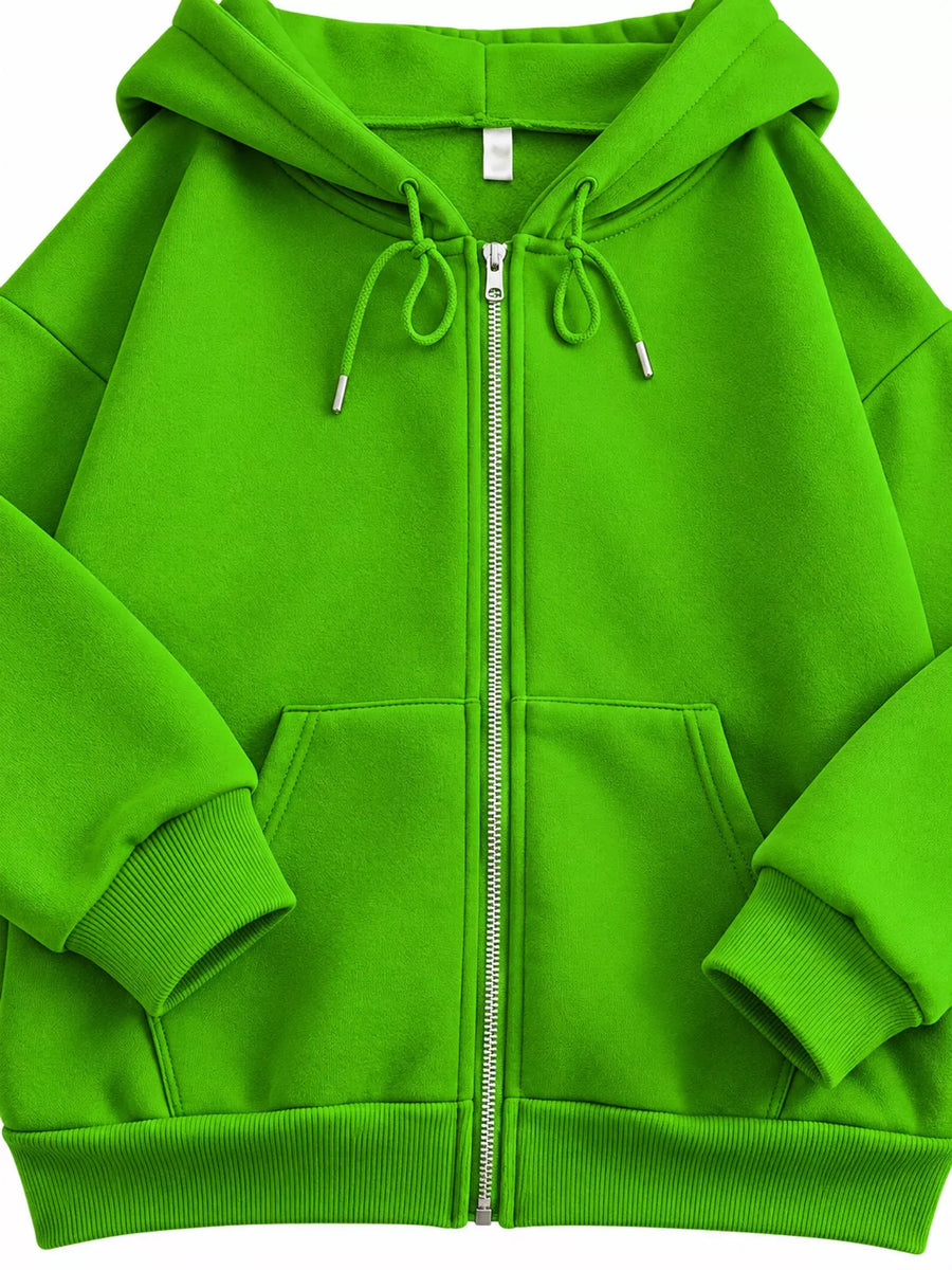 A bright lime green zip-up hoodie with a full front zipper, matching green drawstrings, and front kangaroo pockets, shown against a plain white background.