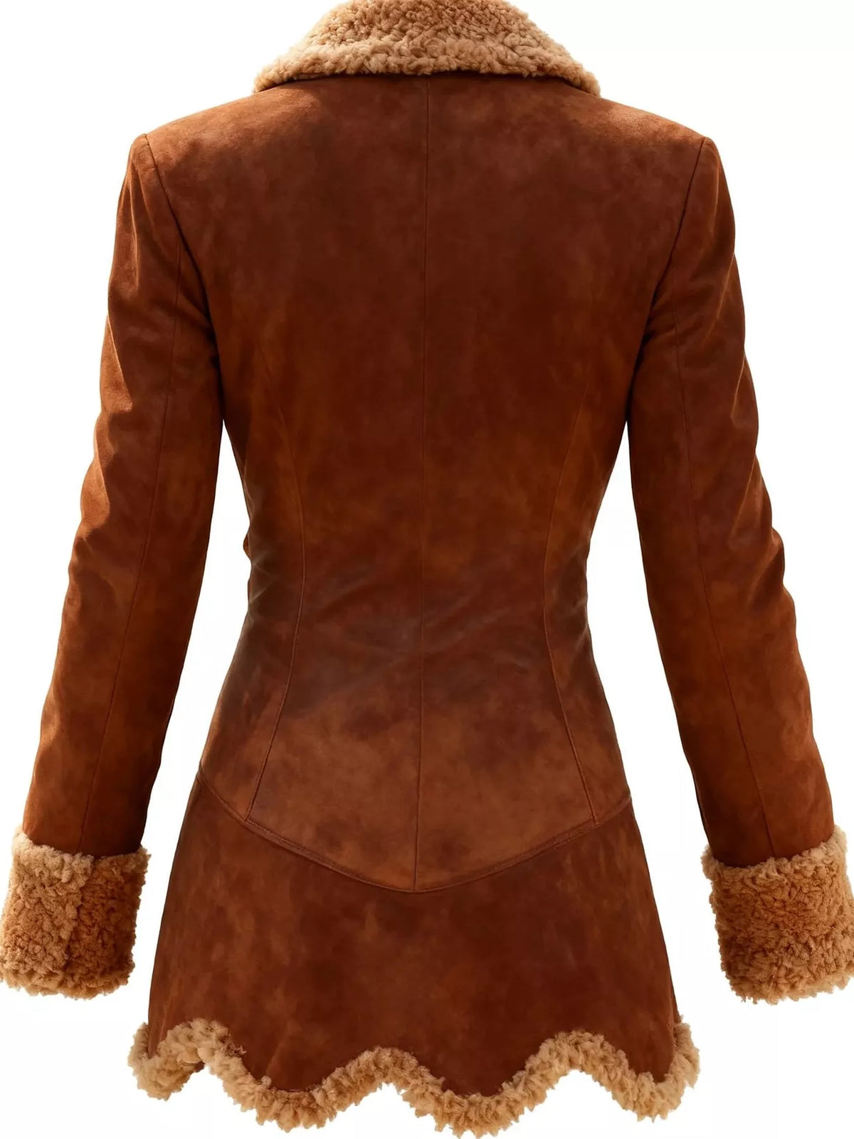 Brown suede jacket with fur trim on a white background