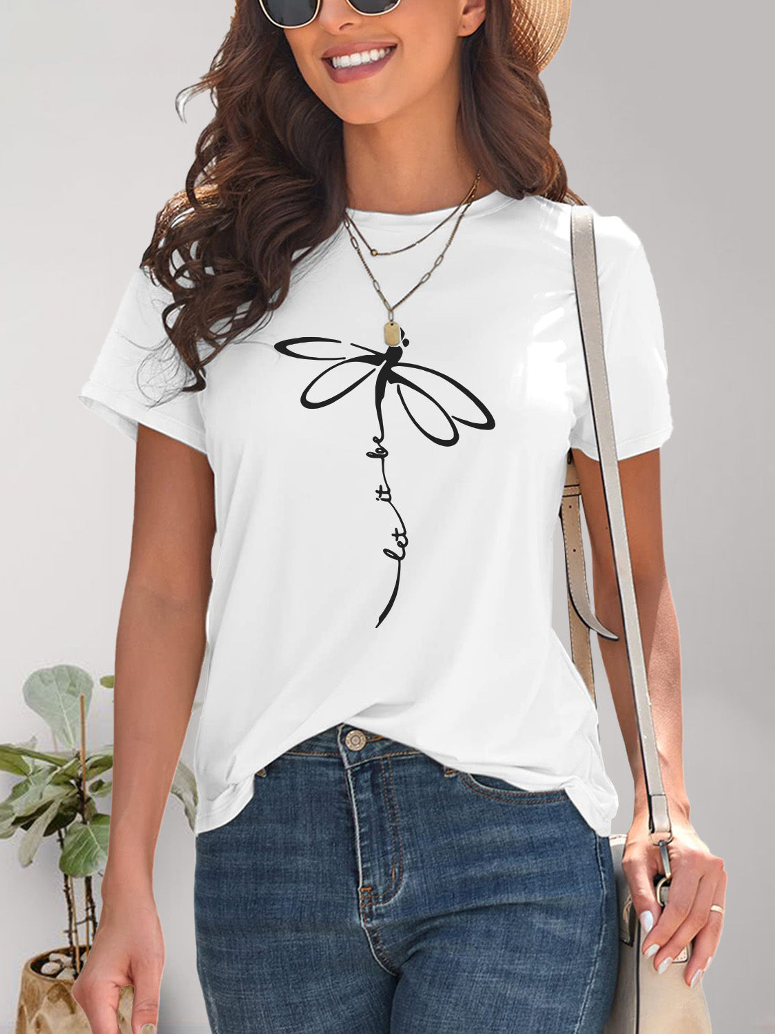 Front view of white Dragonfly Graphic Round Neck Short Sleeve T-Shirt