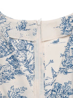 Close-up of a garment with blue floral pattern on a white background