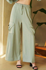 Front view f Davi & Dani Drawstring Ruched Detail Wide Leg Pants