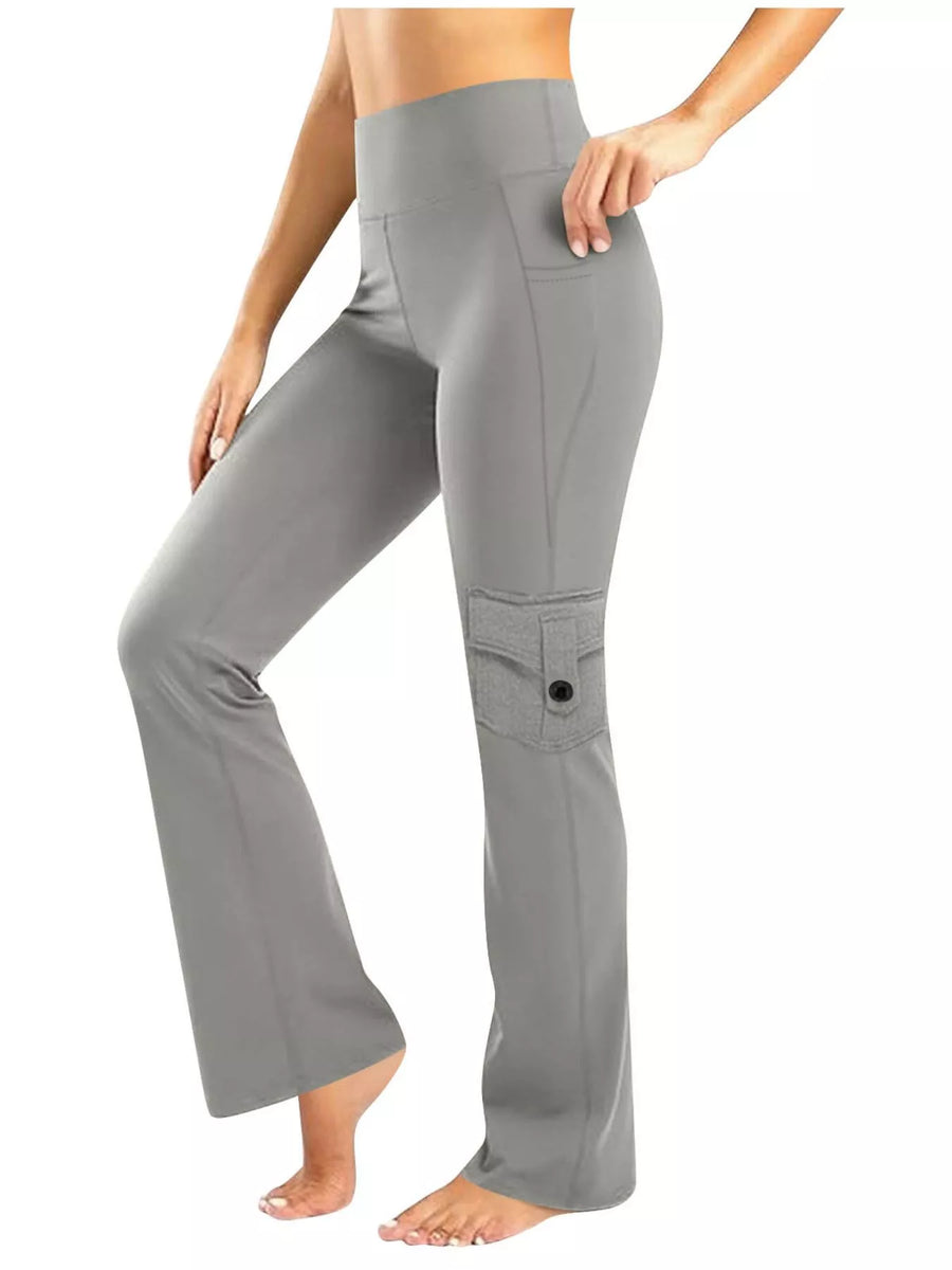 Gray pants worn by a person on a white background