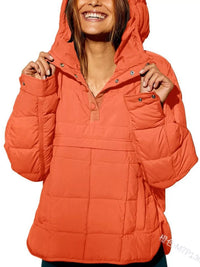 Person wearing an orange puffer jacket on a white background