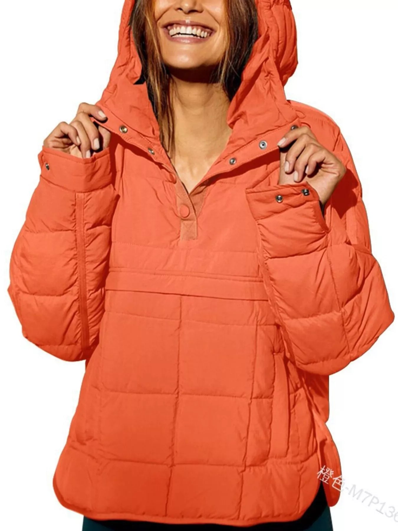 Person wearing an orange puffer jacket on a white background