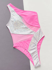Pink and silver one-shoulder swimsuit on a gray background