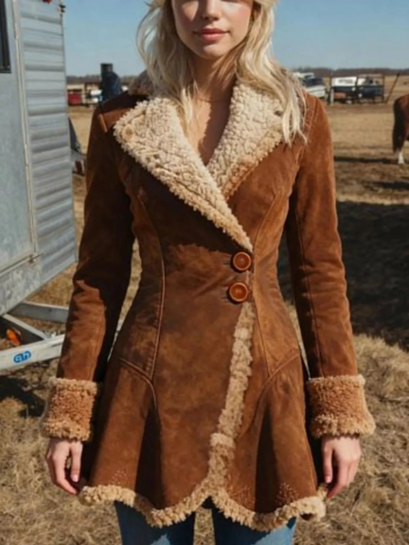 Woman wearing a brown shearling coat in an outdoor setting