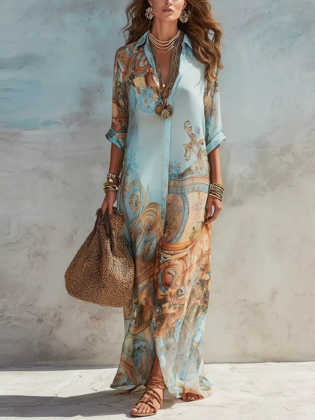 A woman models a light blue maxi shirt dress with a detailed classical art print in brown, gold, and beige. She is accessorized with layered gold necklaces, bracelets, and holds a brown woven tote bag against a textured beige and blue wall.