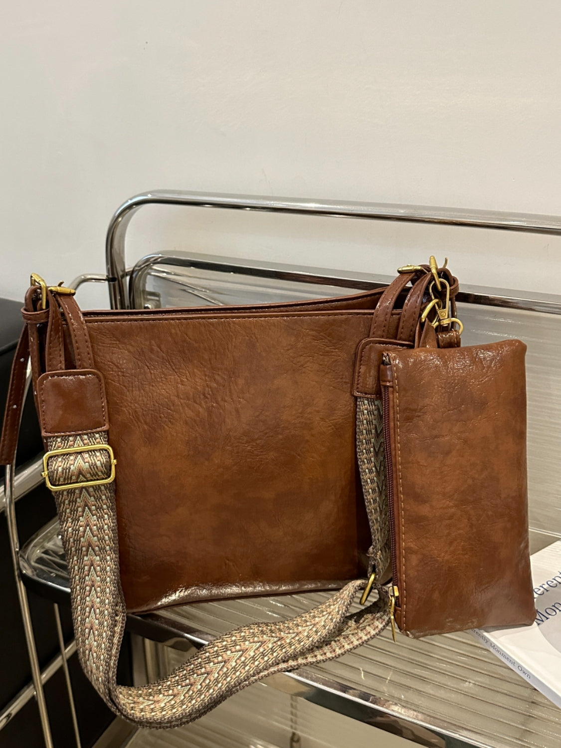 Side view of brown PU Leather Adjustable Strap Crossbody Bag with Pouch