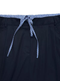 Navy shorts with a patterned drawstring on a white background