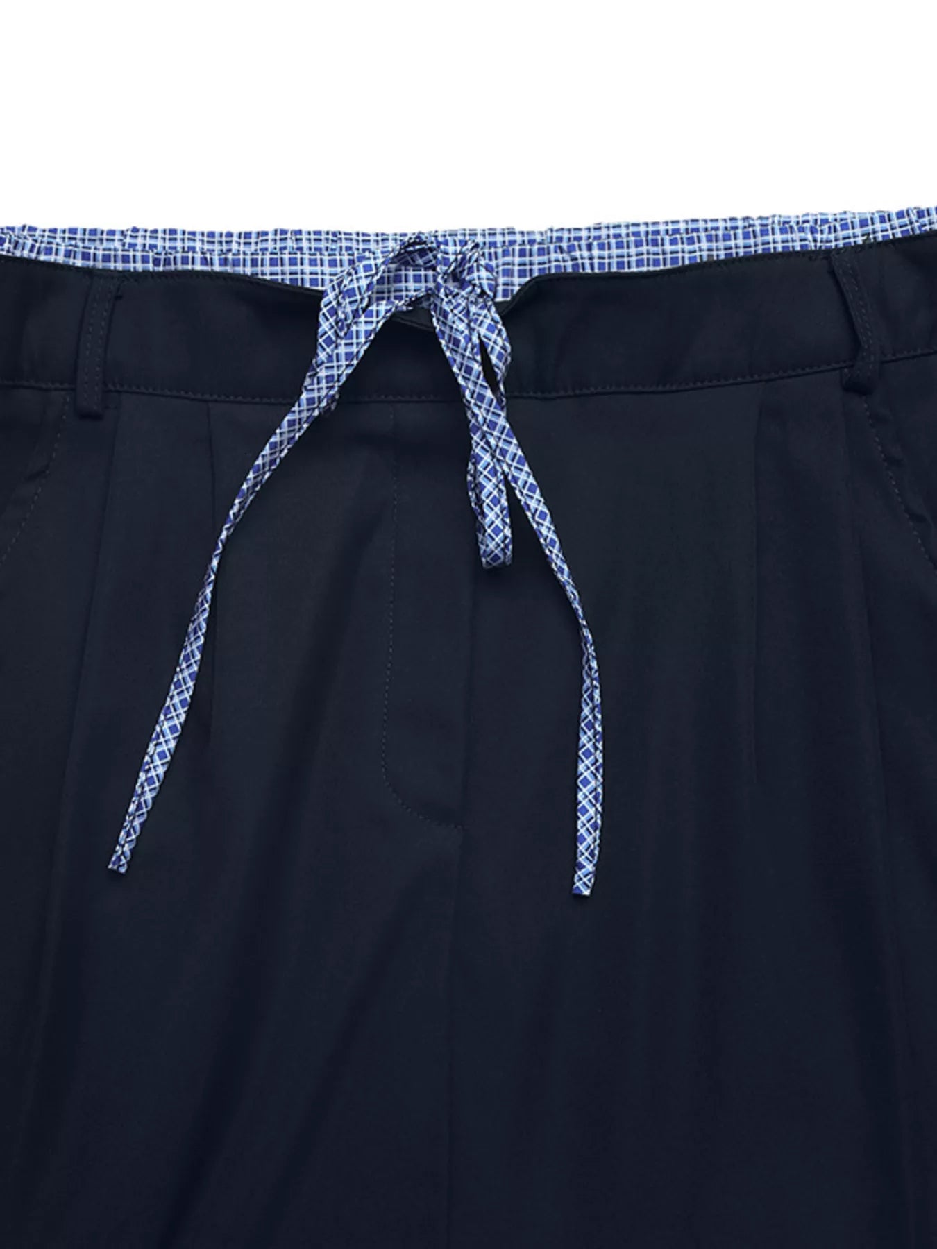 Navy shorts with a patterned drawstring on a white background