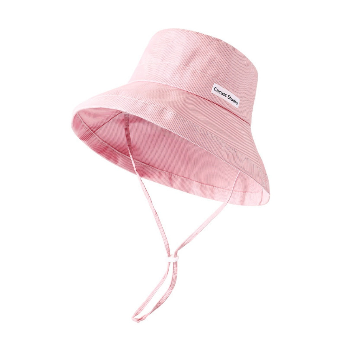 Pink bucket hat with a brand label on a white background
