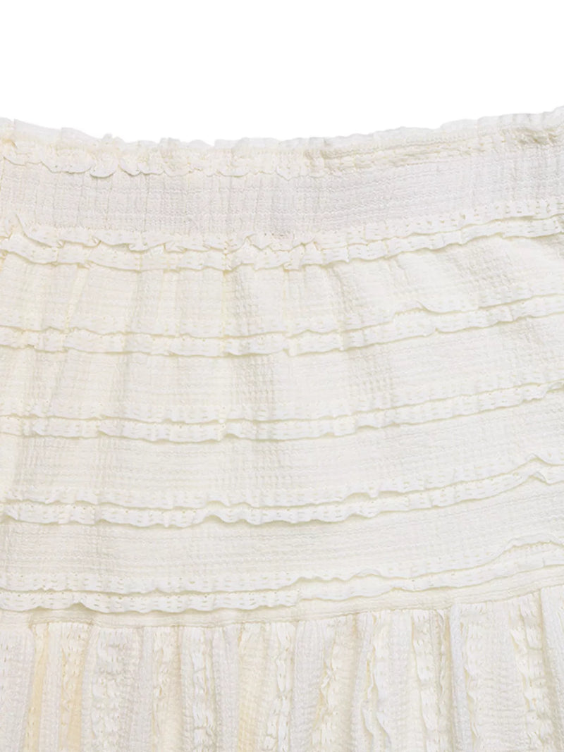 Close-up of textured white fabric with ruffled edge