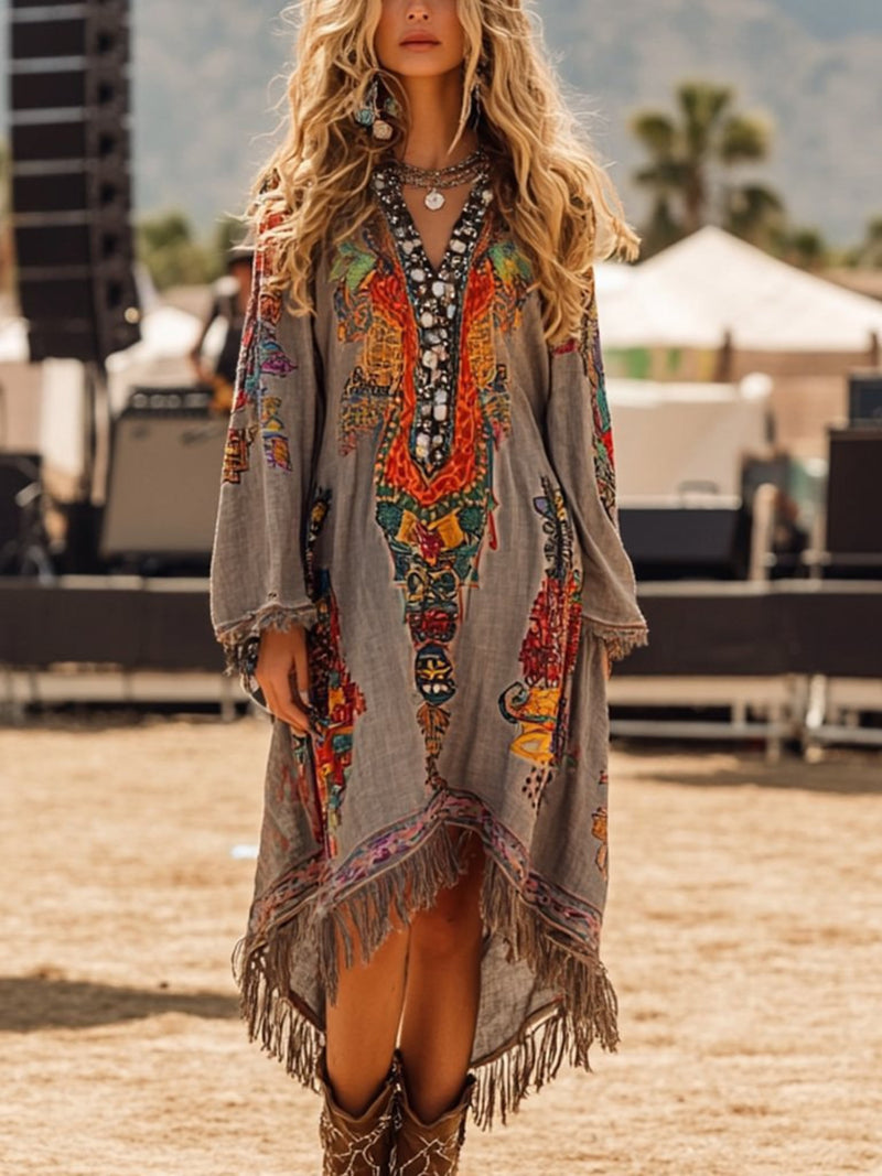 Woman wearing a colorful bohemian dress with fringe at an outdoor event.