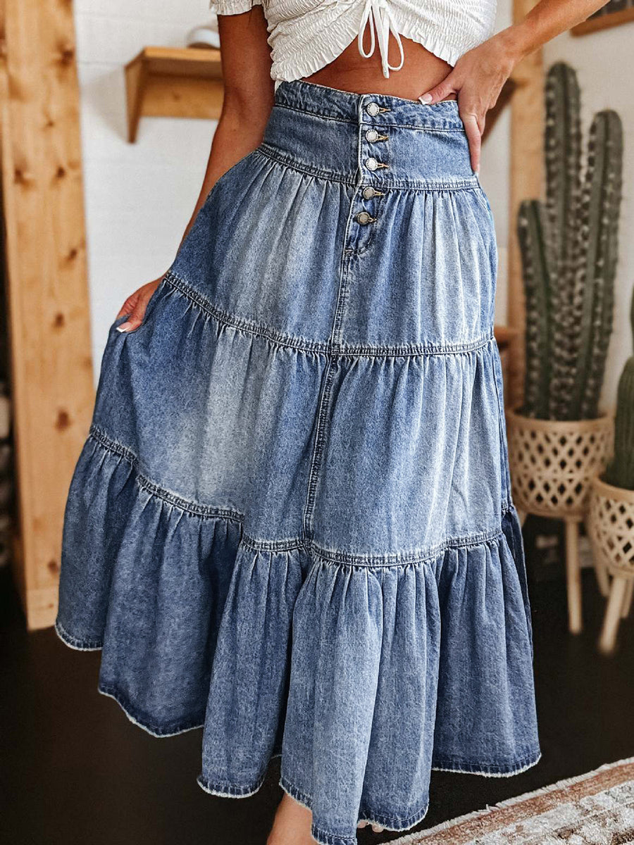 View of the front of Tiered Button-Fly Denim Skirt