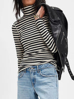 Full view of black Exposed Seam Striped Turtleneck Long Sleeve T-Shirt