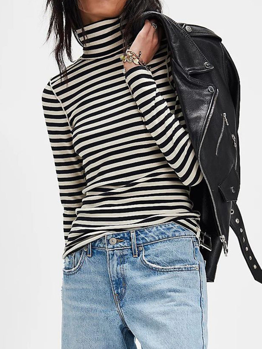Full view of black Exposed Seam Striped Turtleneck Long Sleeve T-Shirt