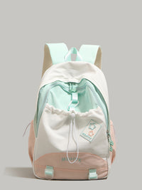 White and light green backpack with a drawstring on a gray background