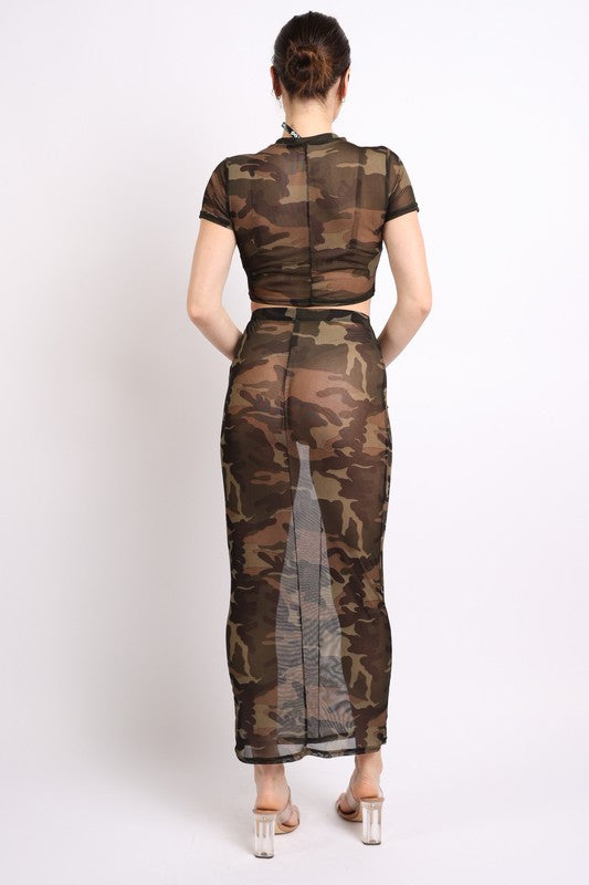 Camo printed top and maxi skirt set