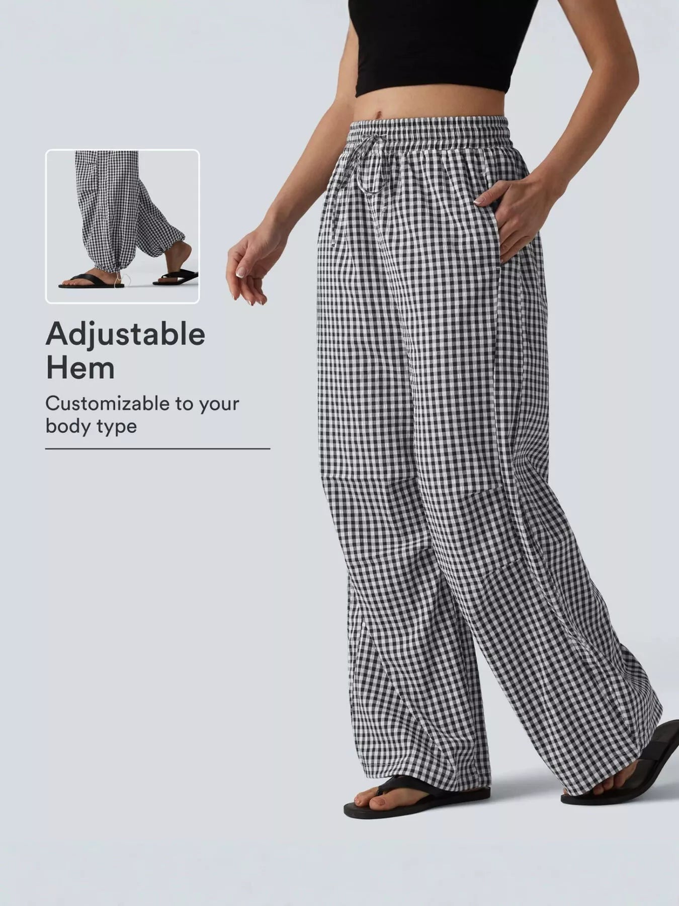 Model showing pocket of High-Waisted Gingham Wide-Leg Drawstring Pants For Women