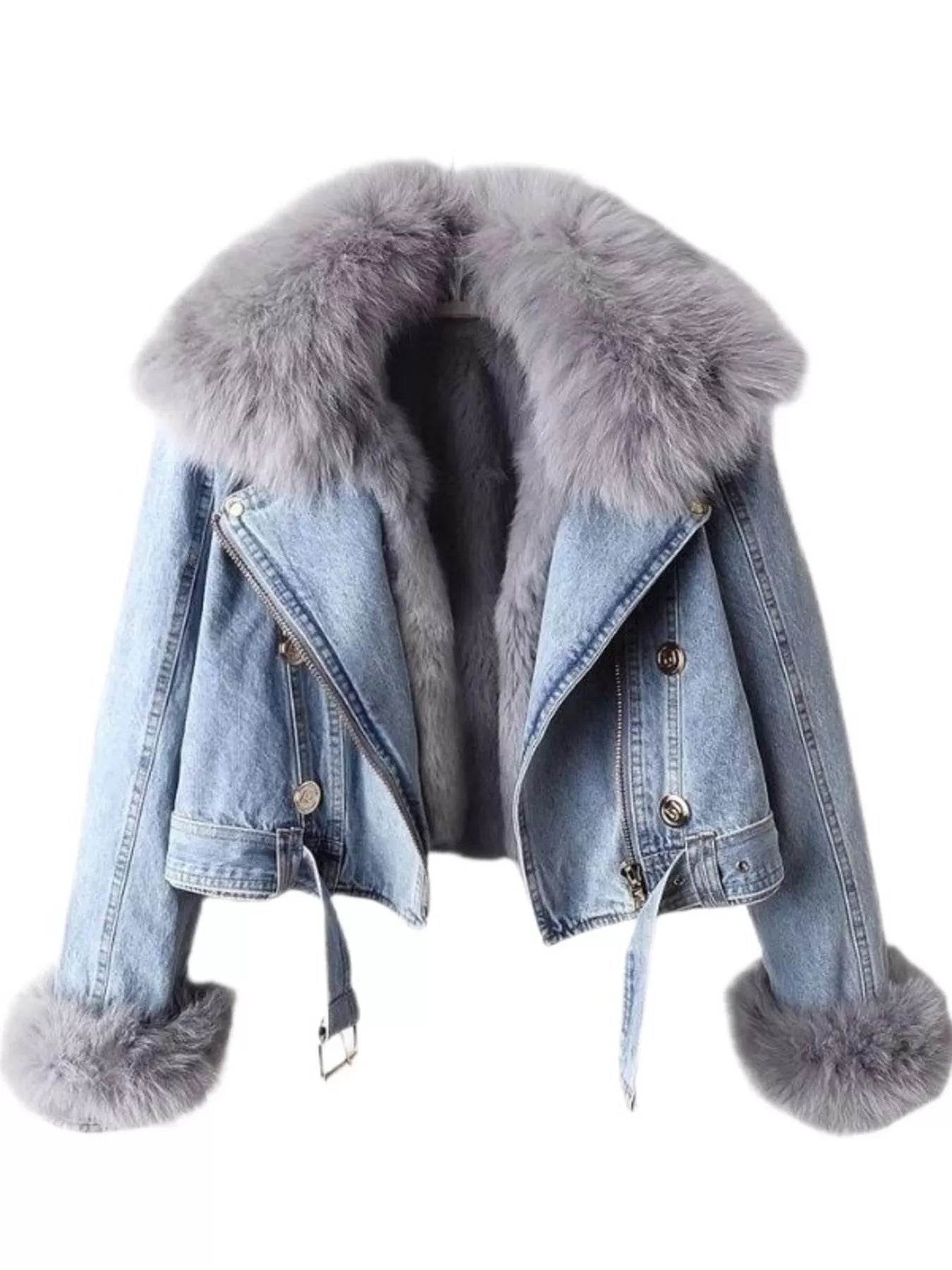 Denim jacket with fur trim on a white background
