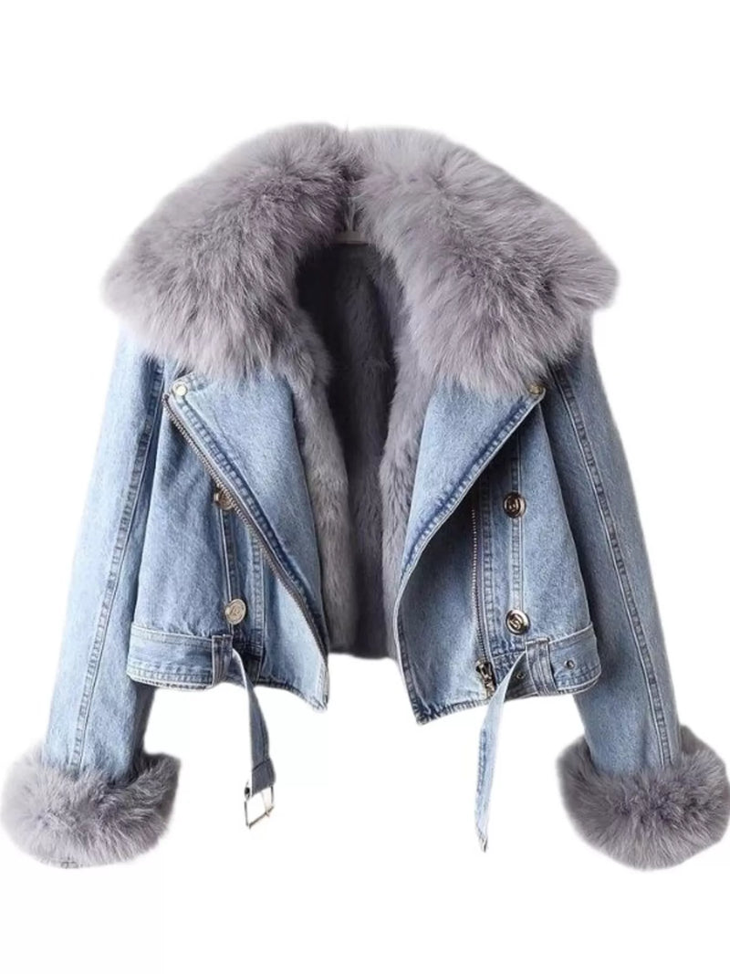 Denim jacket with fur trim on a white background